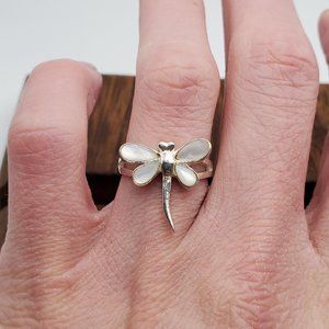 Size 6.5 925 Sterling Silver Dragonfly White Shell Rustic Ring